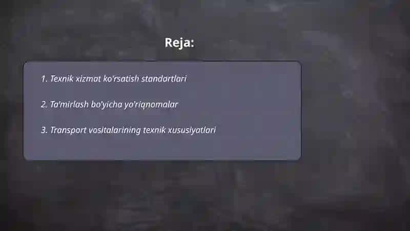 Transport vositalarni texnik xizmat ko'rsatish va ta'minlashni rivojlantirish va boshqarishda qo'llaniladigon normativ texnik xujjatlar 2