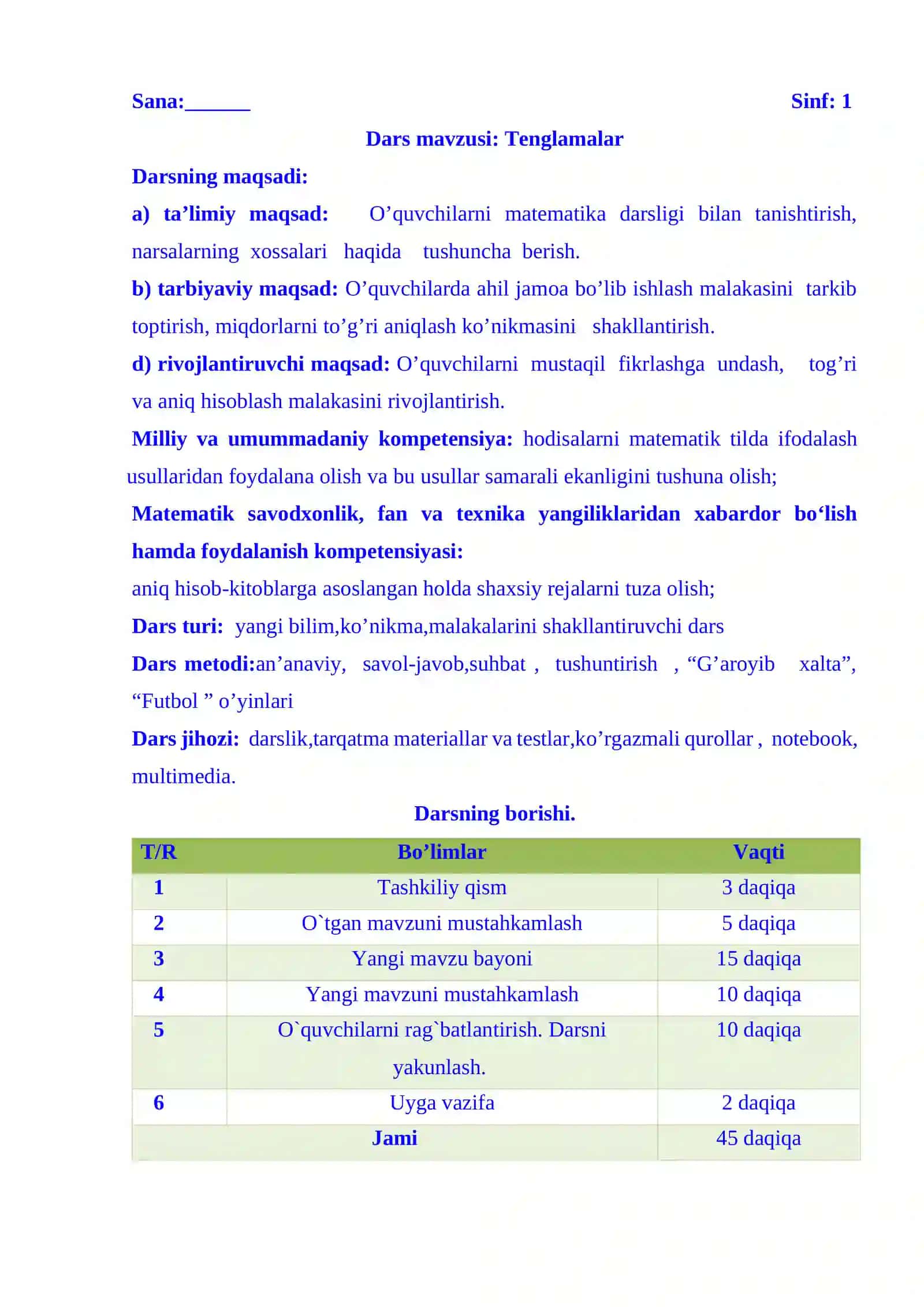 1-sinf matematika Tenglamalar  4-chorak dars ishlanma 2