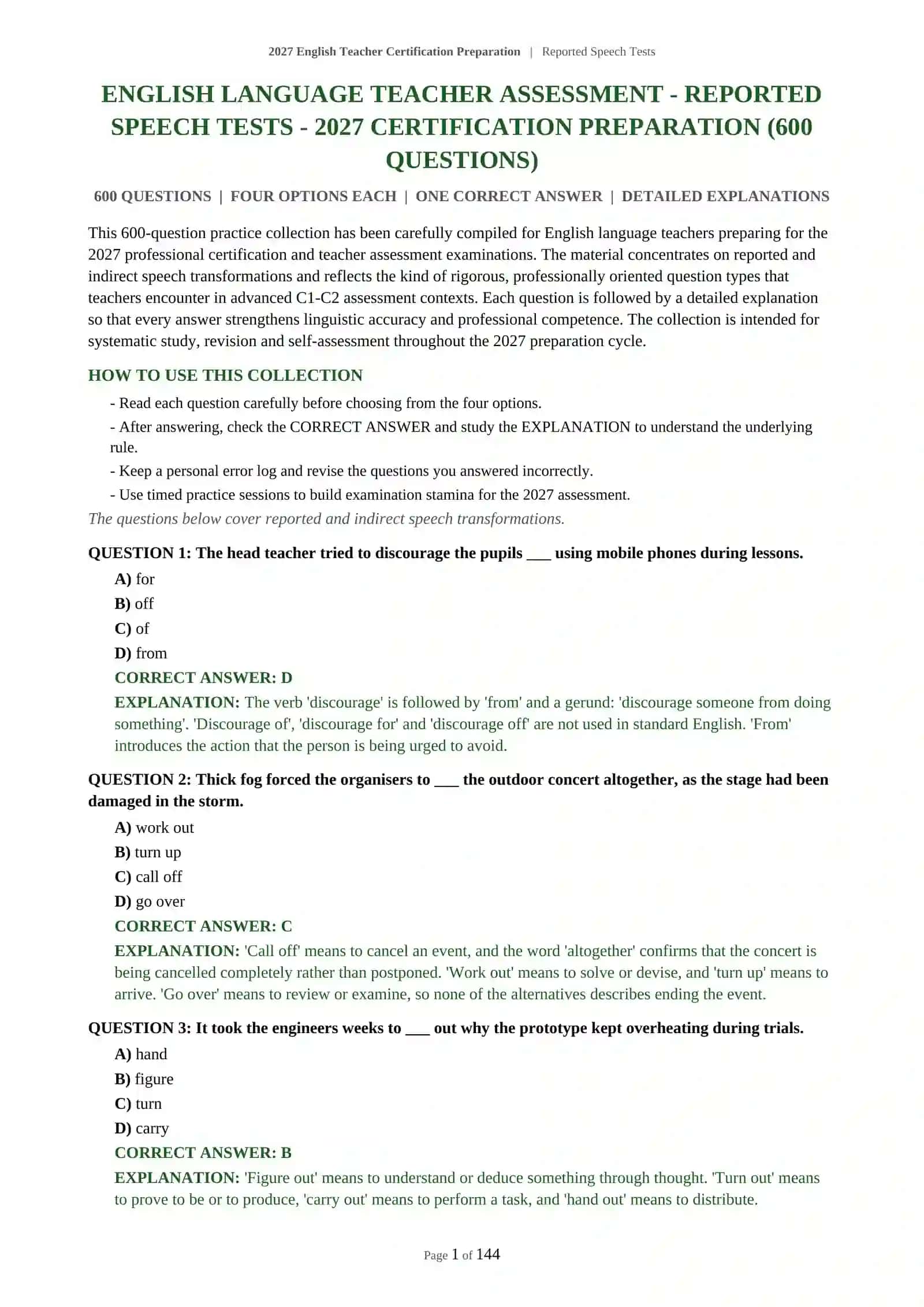 2027 English Teacher Certification Preparation | Reported Speech Tests 2