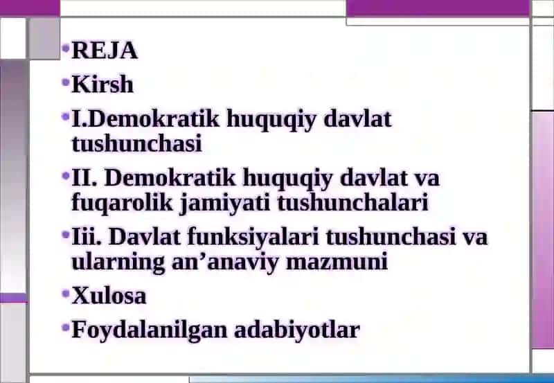 Mavzu: O‘zbekiston Respublikasida demokratik huquqiy davlat qurish va fuqarolik jamiyatini shakllantirish sharoiti davlat funktsiyalarining o‘zgarishi va yangilanish 2
