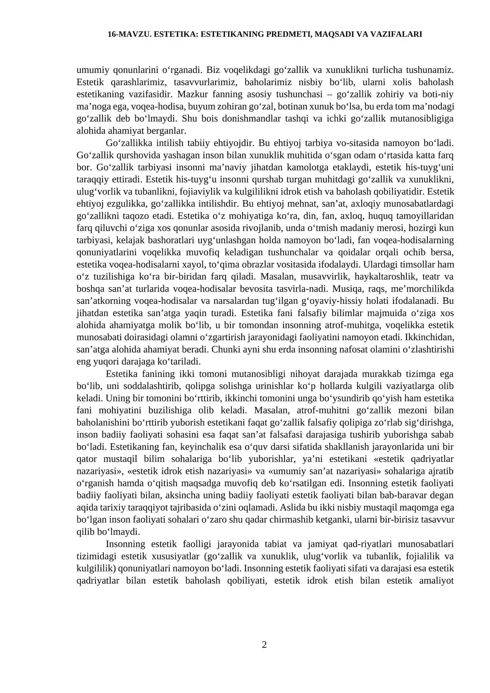 ESTETIKA: ESTETIKANING PREDMETI, MAQSADI VA VAZIFALARI 2