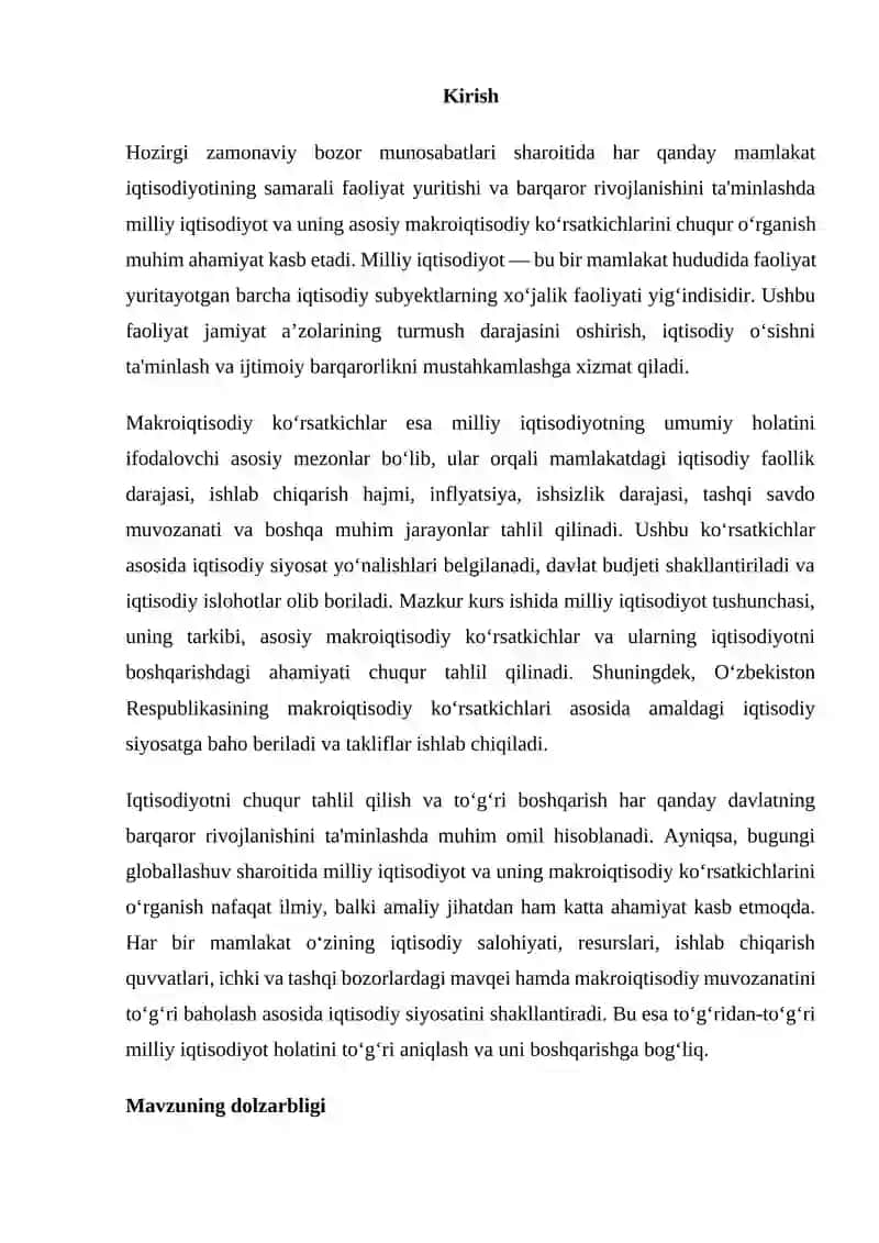 Milliy iqtisodiyot va uning makroiqtisodiy koʻrsatgichlari. 2