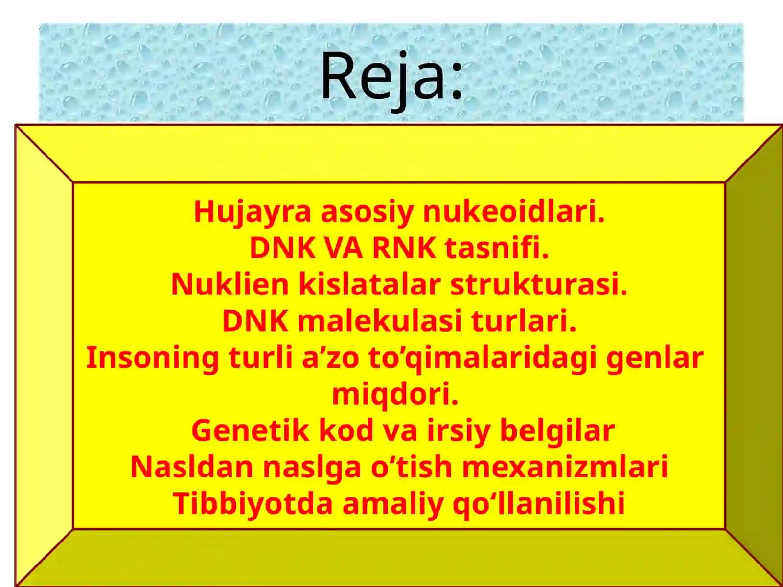 Davolash ishi fakulteti guruhtalabasi Tibbiy biologiya va umumiy genetika fanidan "Nukleinkislotalar va irsiy belgilarni naslannaslgao‘tishi dagi roli" mavzusidatayyorlagan taqdimoti 2