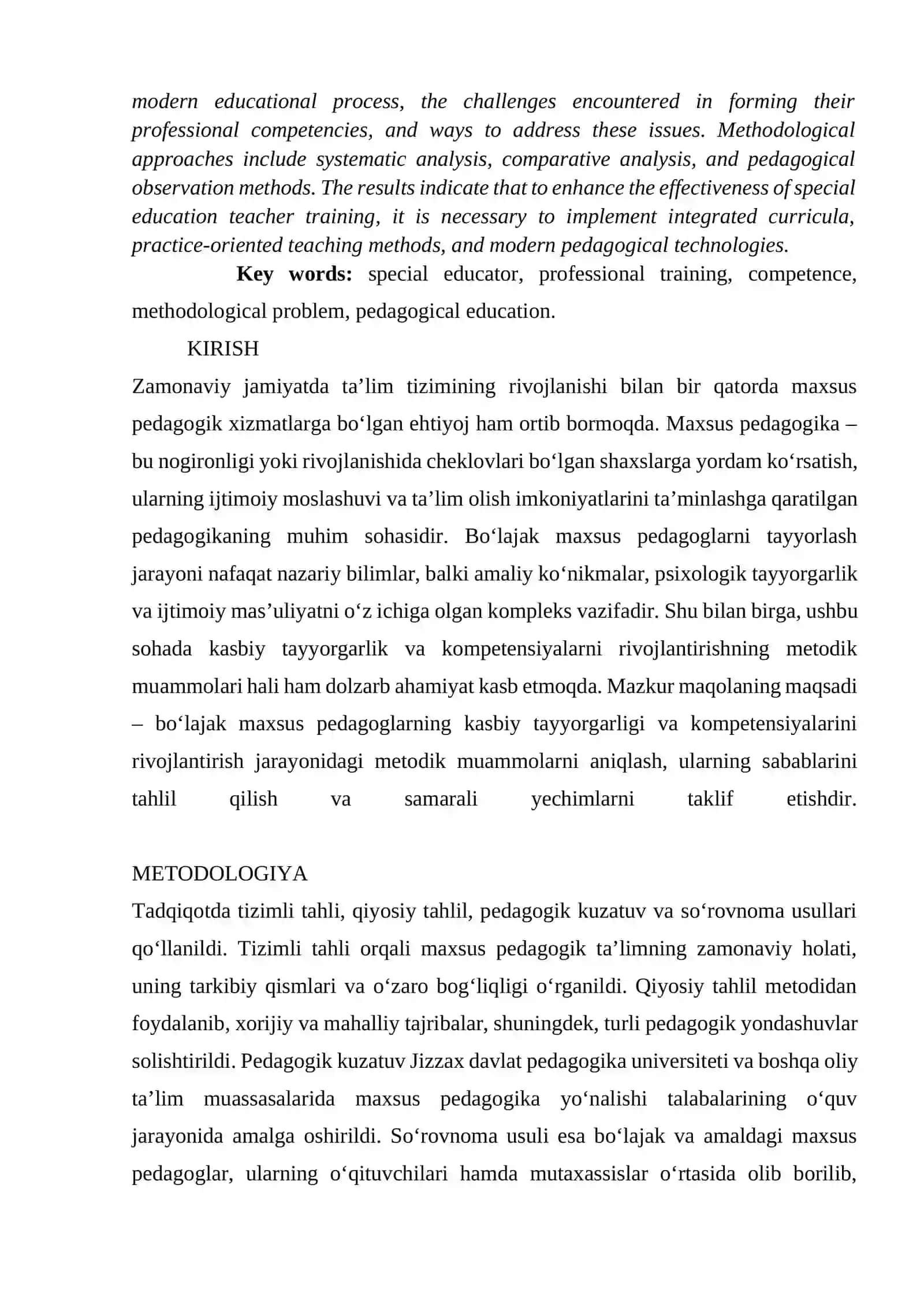 Bo‘lajak maxsus pedagoglarning kasbiy tayyorgarligi va kompetensiyalarini rivojlantirish metodik muammo sifatida 2