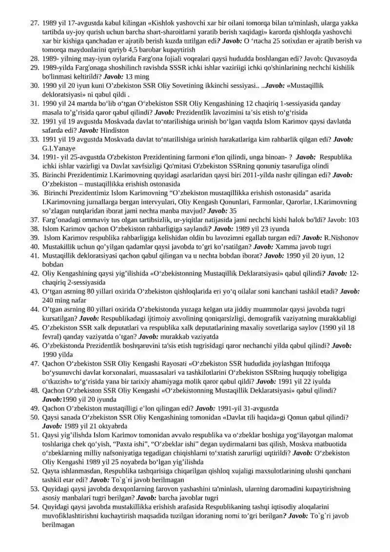 O`zbekiston tarixi testlari 2