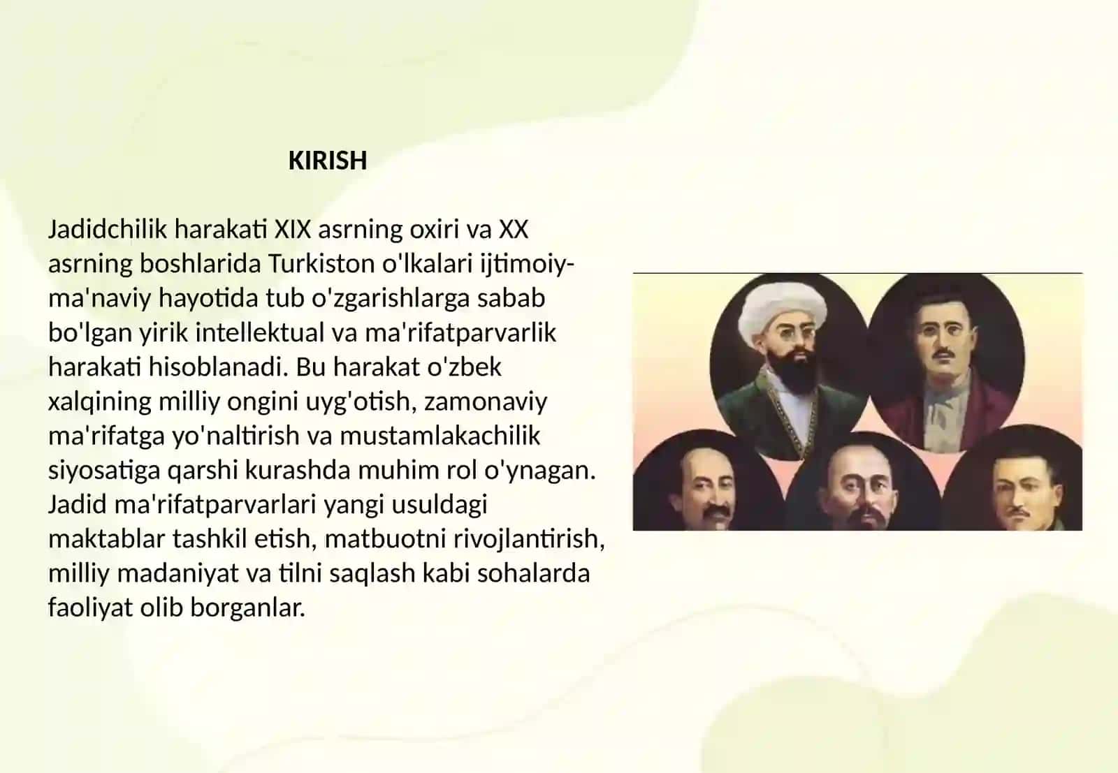 Jadid ma'rifatparvarlarining o'lka ijtimoiyma'naviy hayotida tutgan o'rni (Munavvar Qori,Fitrat,Behbudiy,Avloniy va boshqalar) 2