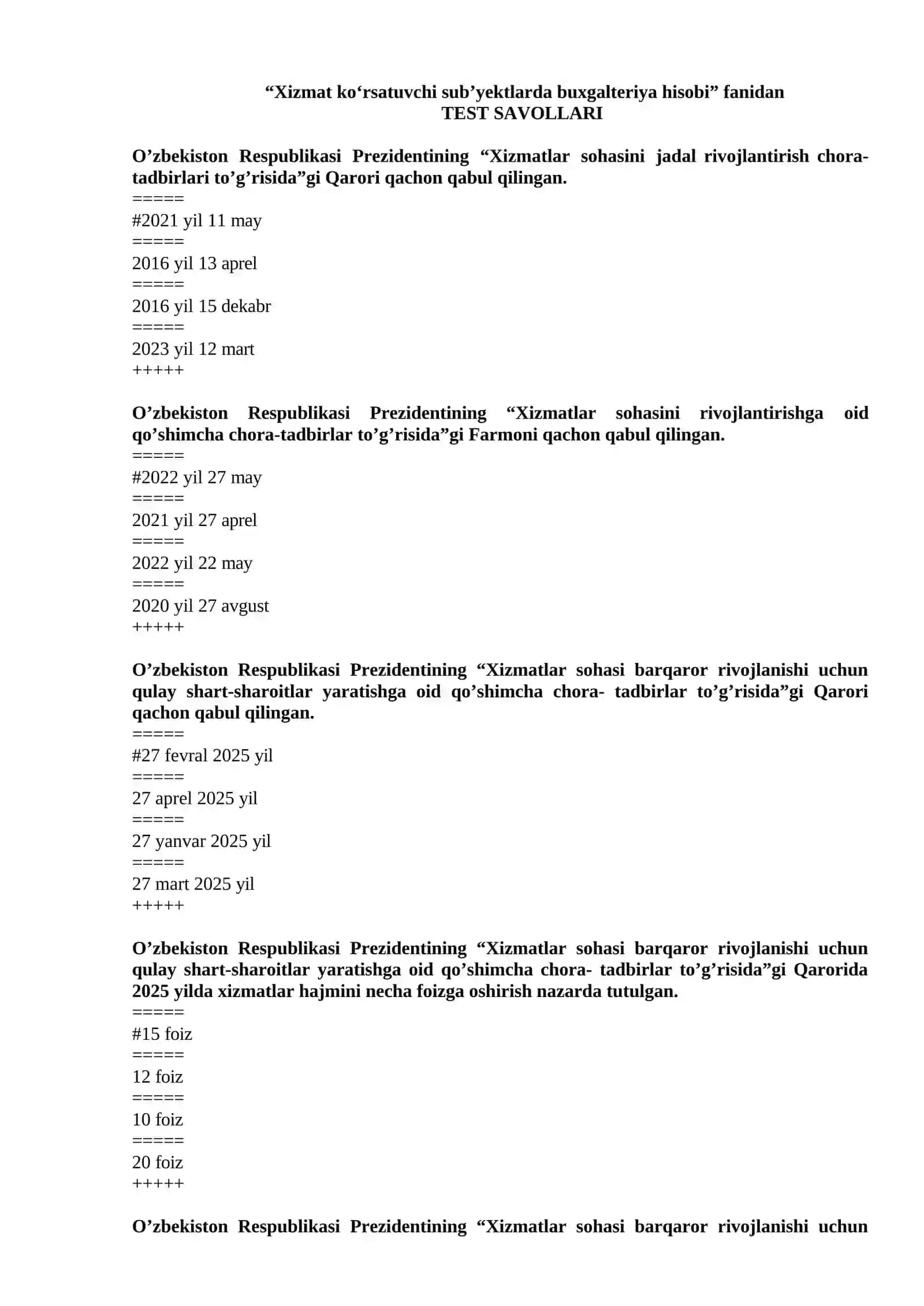 XIZMAT KO’RSATISH SOHALARIDA BUXGALTERIYA HISOBI fanidan test 2