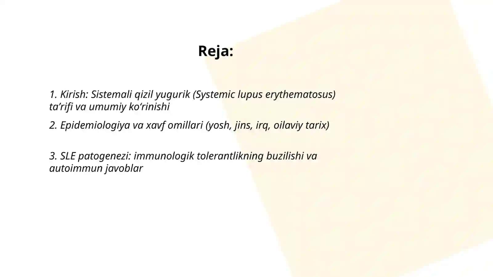 Sistemali qizil yugurik (Systemic lupus erythematosus) patagenezi etyalogyasi davolashi qaysi genlarda mutatsa bolishi haqida toliq slayt tayorlab ber rasimlari bilan 2