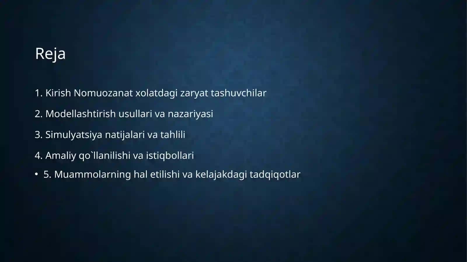 Nomuozanat xolatdagi zaryat tashuv chilar relakatsiyasi hodisasini modellashtirish 2
