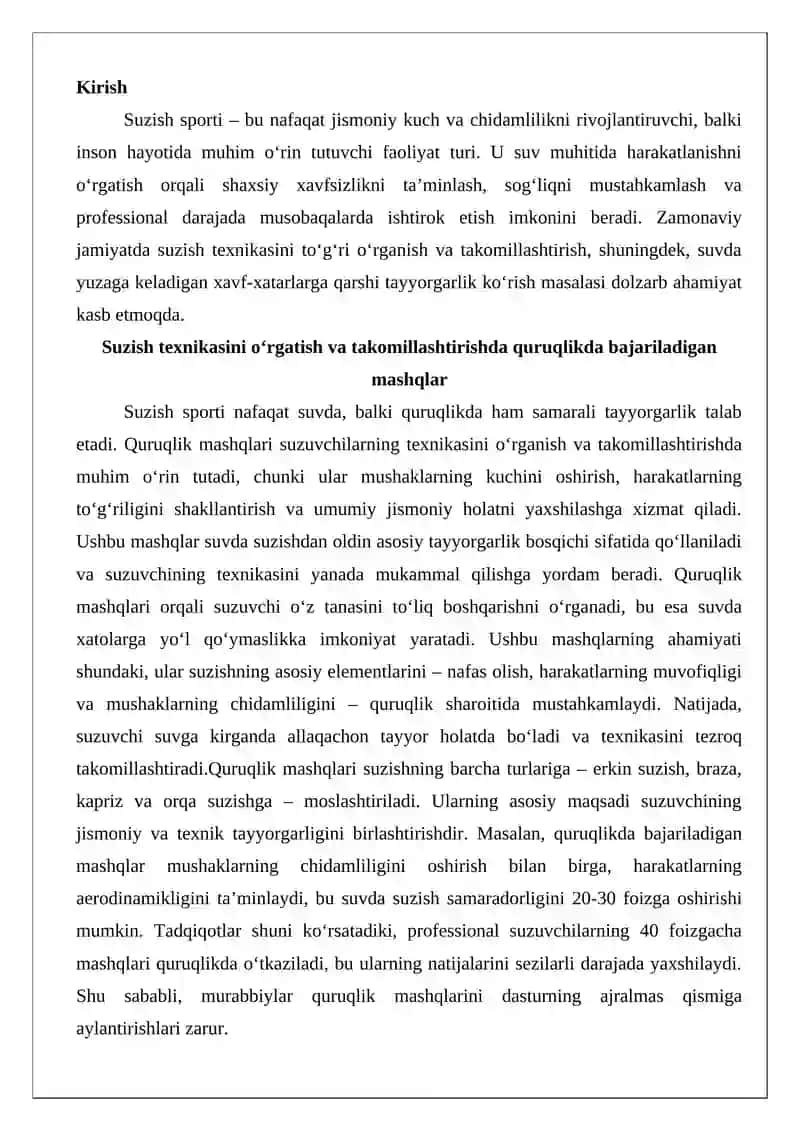 Suzish texnikasini o‘rgatish va takomillashtirishda quruqlikda bajariladigan mashqlar 2