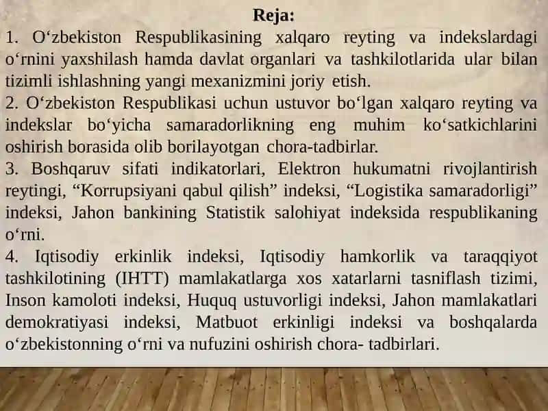 Yangi O‘zbekiston ijtimoiy-siyosiy, iqtisodiy va madaniy hayotida roʻy berayotgan oʻzgarishlarning xalqaro reyting va indekslarda aks etishi 2