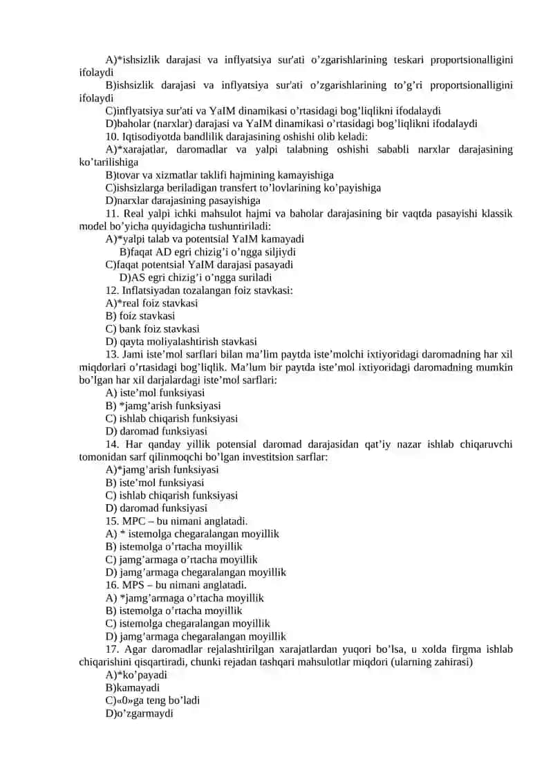 Makroiqtisodiyot fanidan test savollari 2
