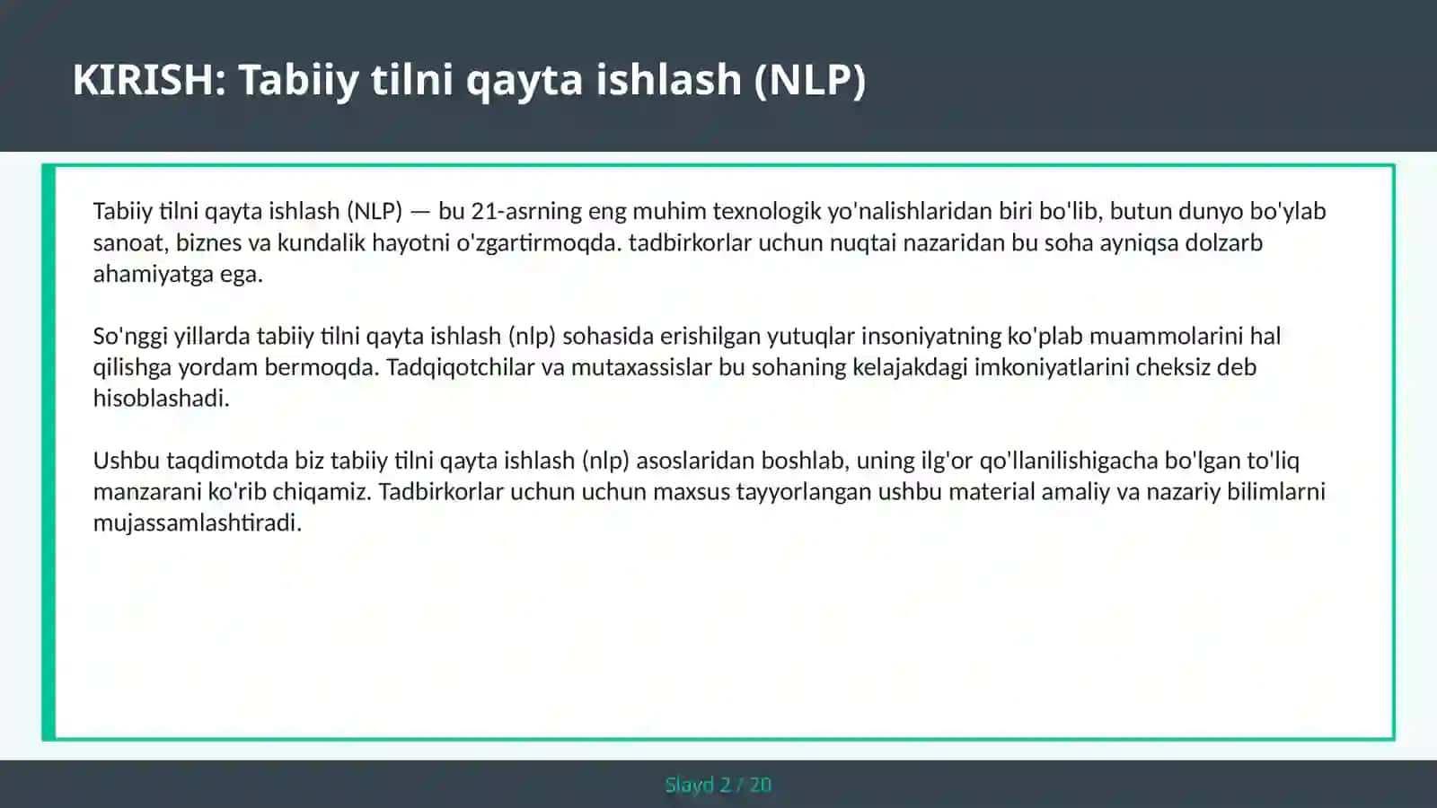 Tabiiy tilni qayta ishlash (NLP) 2