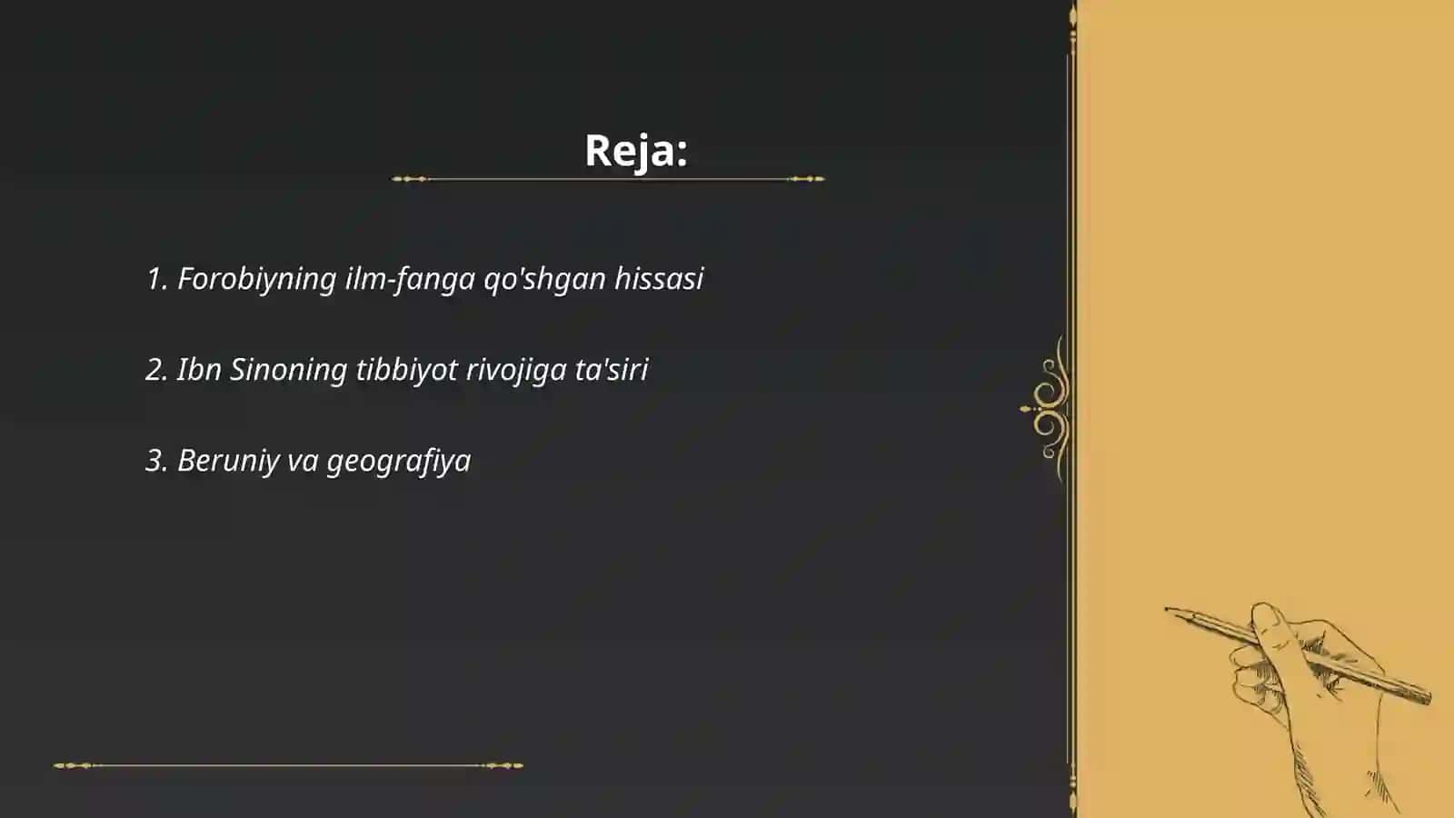9 10 asrlarda mamlakatimiz hududida ro'y bergan madaniy uyg'onish (Renesans). Buyuk alomalarning jahon svilizatsiyasiga qoʼshgan hissasi 2