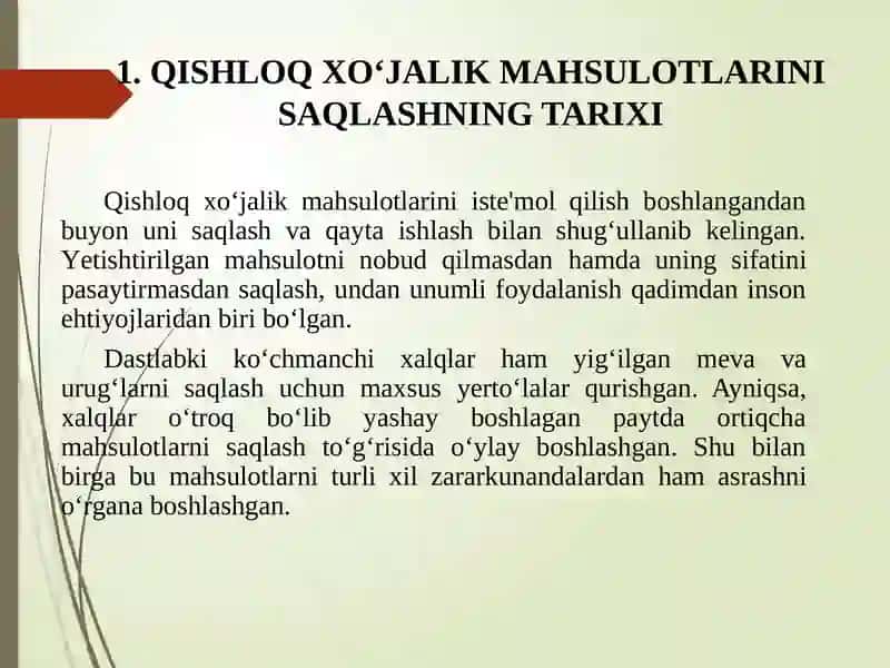 Qishloqxoʻjalik mahsulotlarini saqlashning xalq xo‘jaligida ahamiyati va rivojlanishi 2