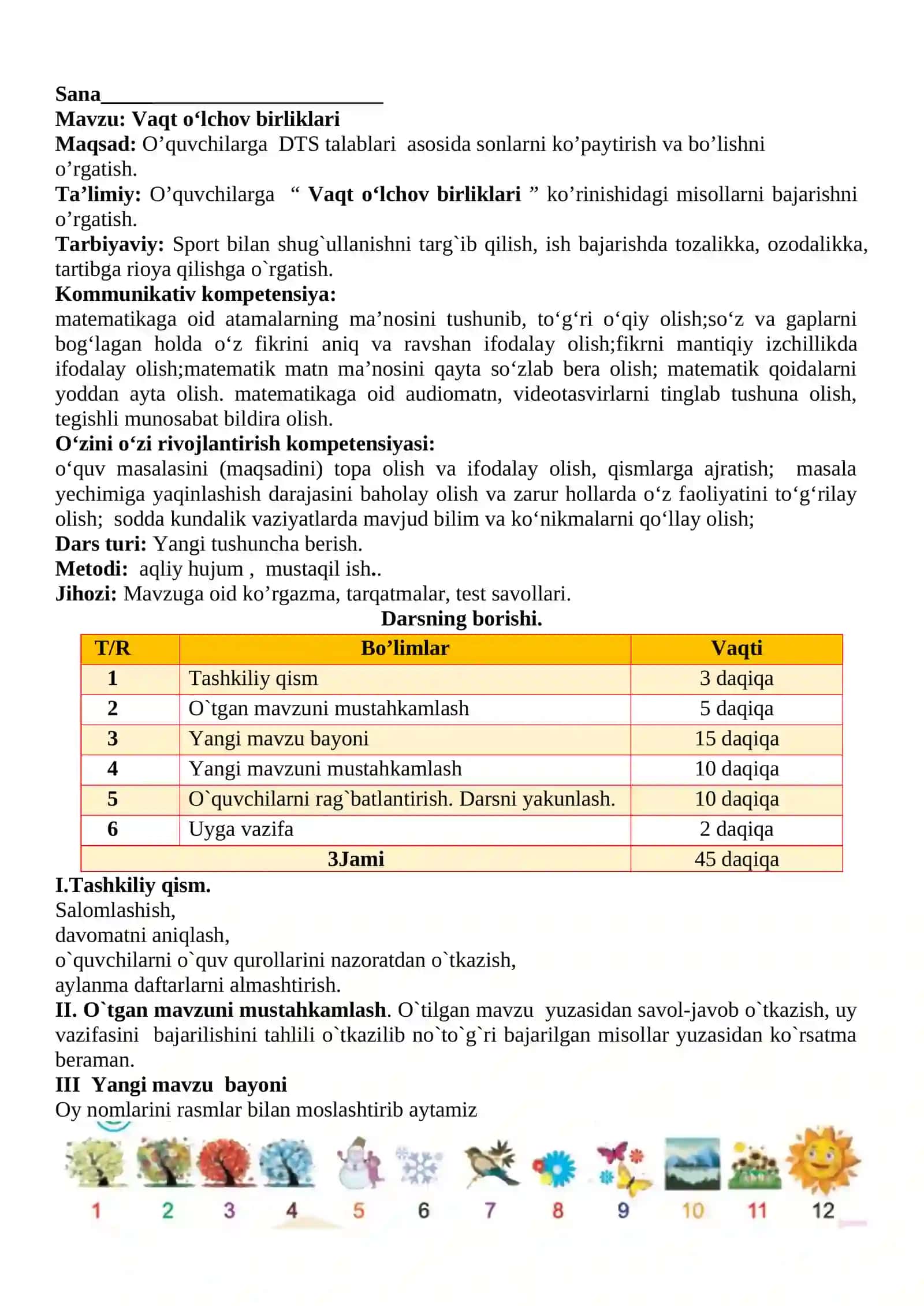 3-sinf Matematika fanidan Vaqt o'lchov birliklari dars ishlanma 2