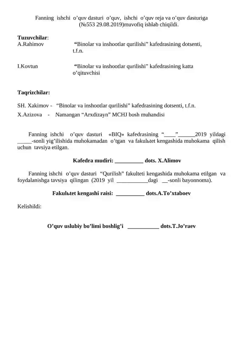 QURILISH JARAYОNLARI TEXNOLOGIYaSI ISHCHI O’QUV DASTURI 2