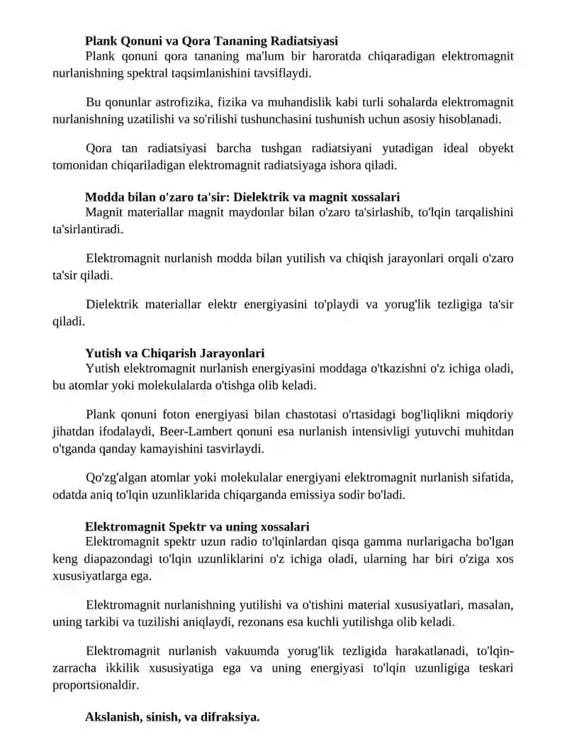 Elektromagnit nurlanishni oʻtkazish va yutilishini asosiy qonuniyatlari 2