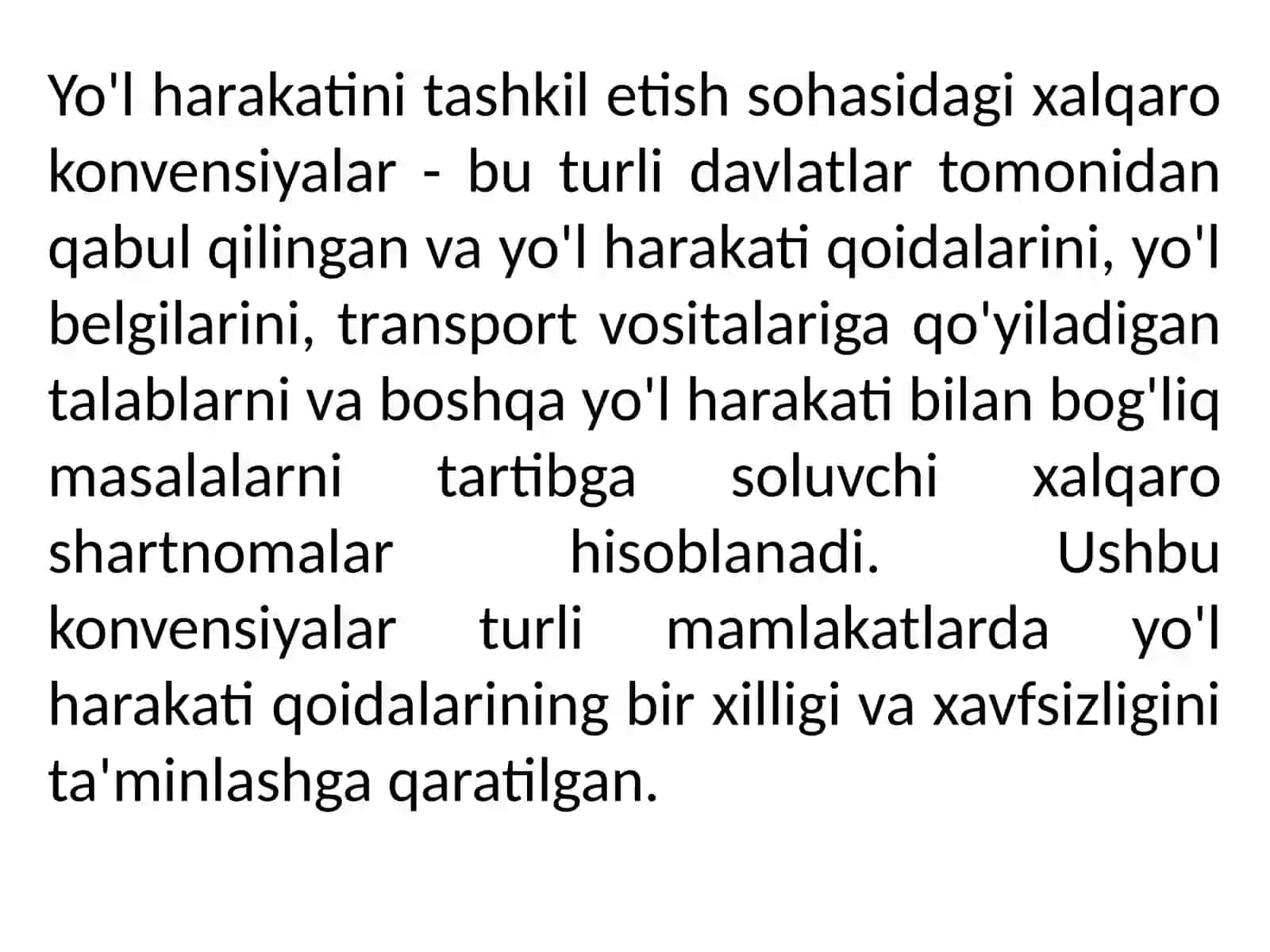 Yo‘l harakatini tashkil etish sohasidagi xalqaro konvensiyalar 2