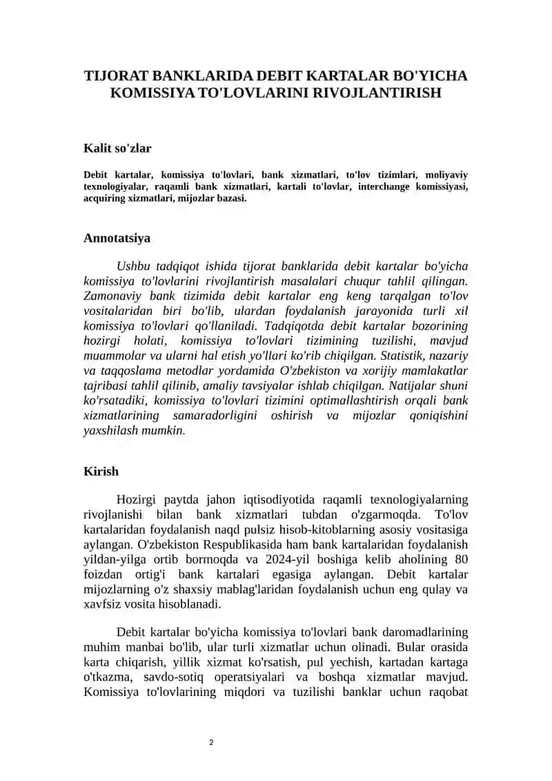 TIJORAT BANKLARIDA DEBIT KARTALAR BO'YICHA KOMISSIYA TO'LOVLARINI RIVOJLANTIRISH 2
