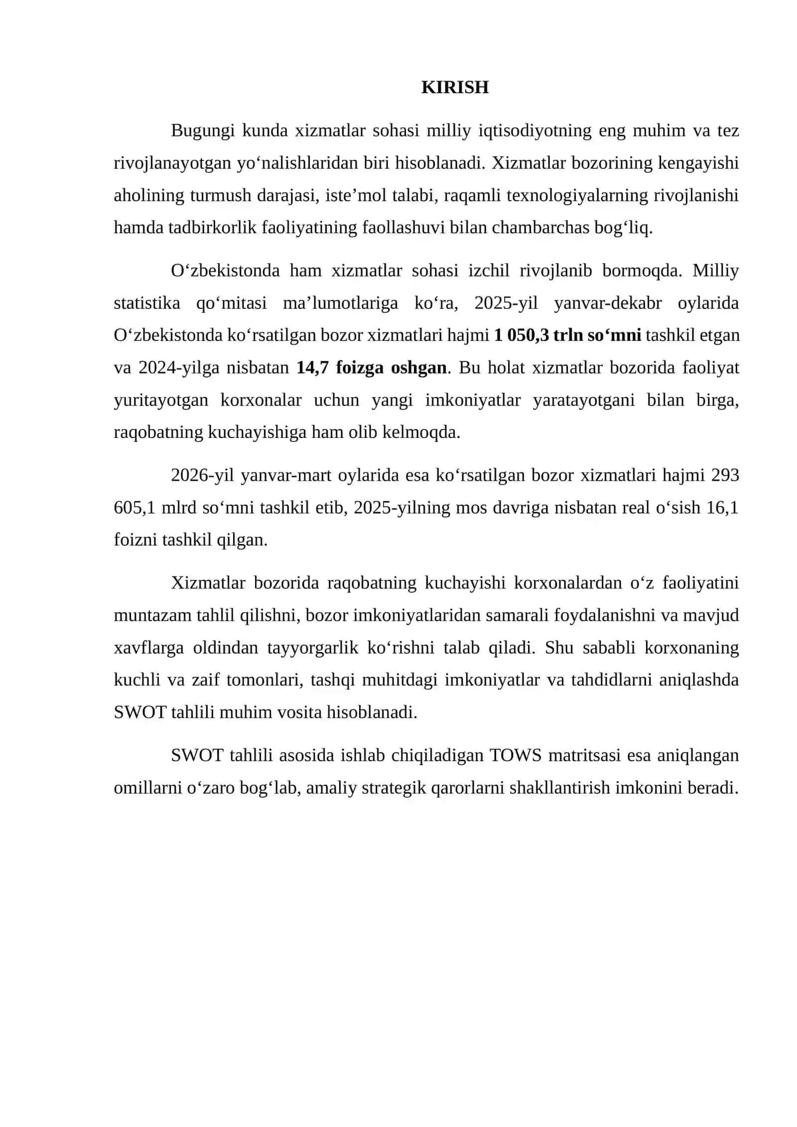 XIZMAT BOZORIDA FAOLIYAT YURITUVCHI KORXONANING SWOT VA TOWS TAHLILI 2