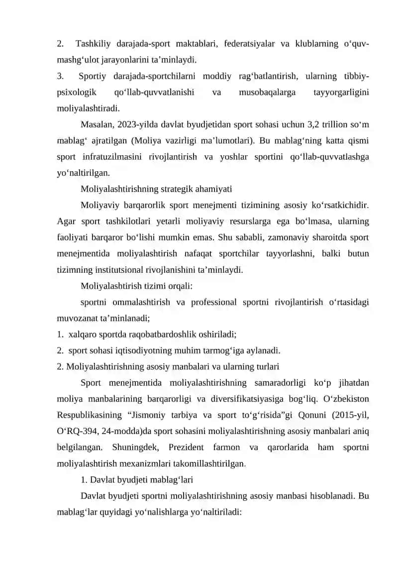 Jismoniy tarbiya va sport menejmenti tizimini moliyalashtirish 2