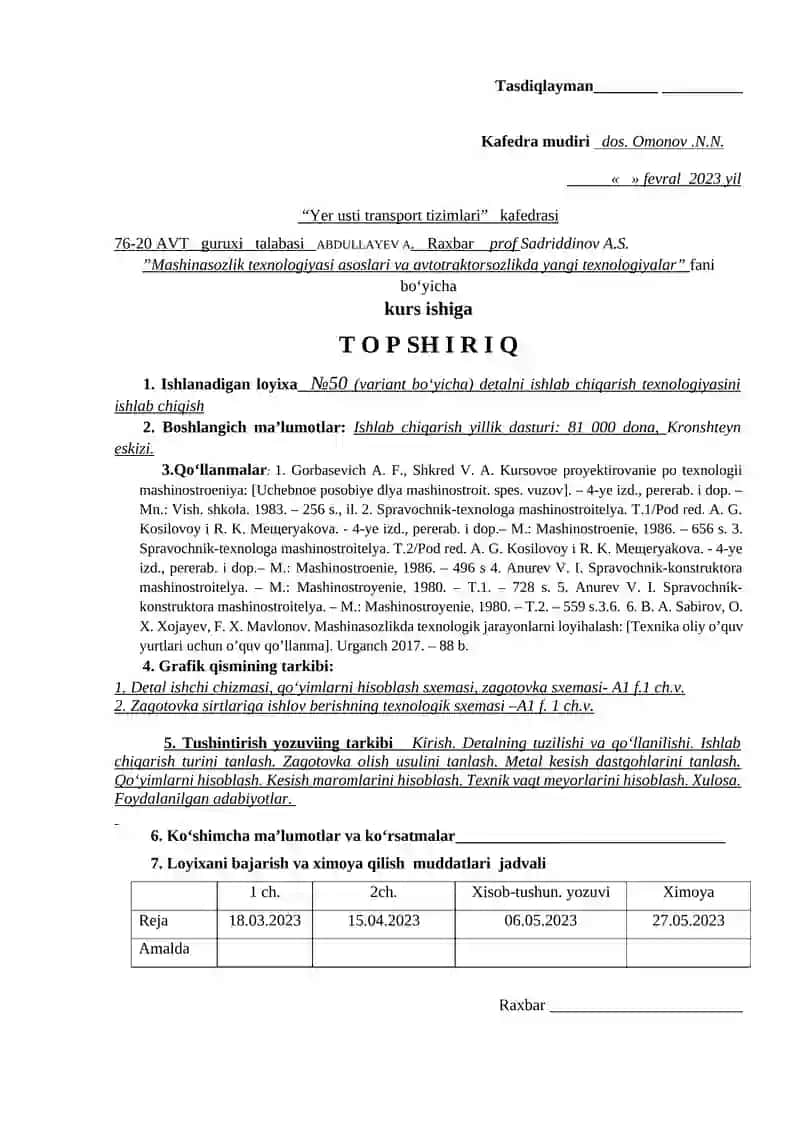 "Mashinasozlik texnologiyasi asoslari va avtotraktorsozlikda yangi texnologiyalar" kurs ishiga 2
