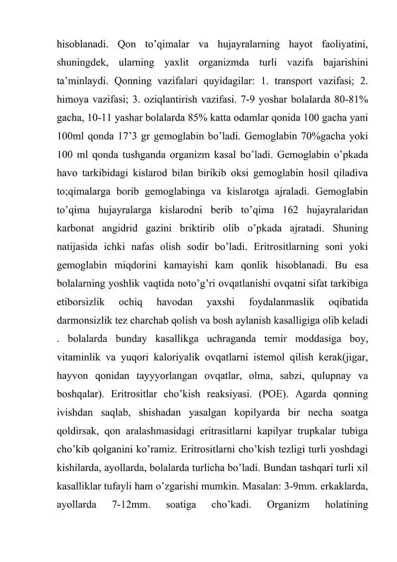 Qon va qon aylanish tizimning yosh xususiyatlari va gigienasi 2