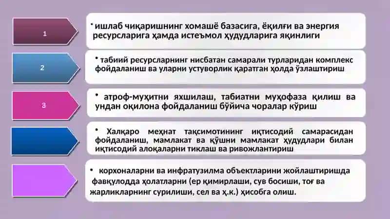 Ишлаб чиқариш кучларини жойлаштириш тамойиллари 2
