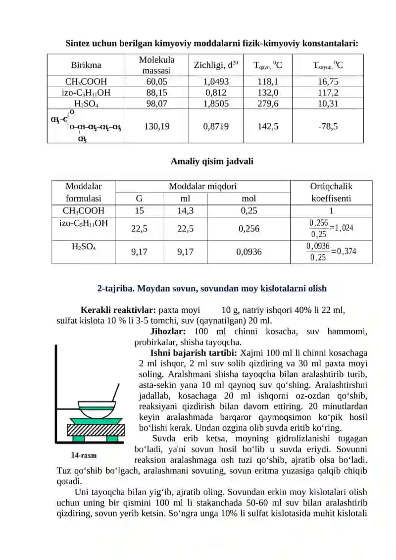 SIRKA KISLOTA IZOAMIL EFIRI SINTEZ QILISHNI O‘RGANISH. MOYDAN SOVUN, SOVUNDAN MOY KISLOTALARI OLISH 2