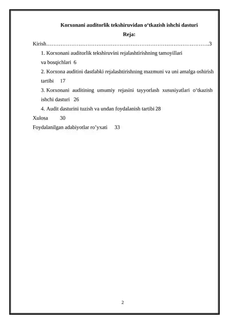 Korxonani auditorlik tekshiruvidan oʻtkazish ishchi dasturi 2