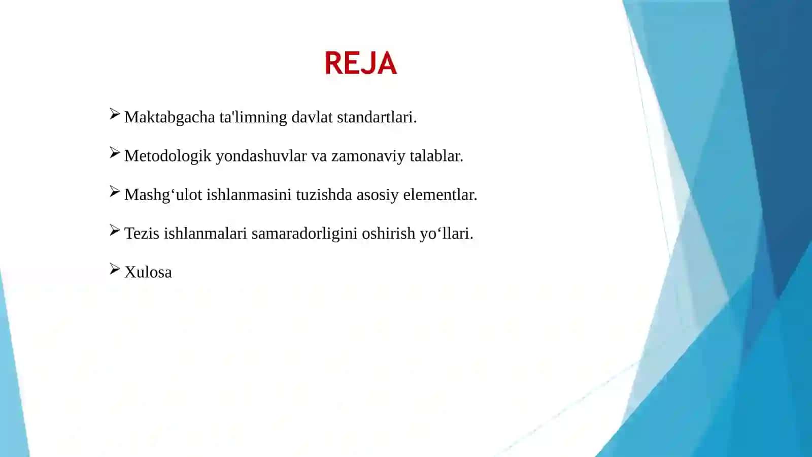 TEZIS KO'RINISHIDAGI MASHG'ULOT ISHLANMALARI 2