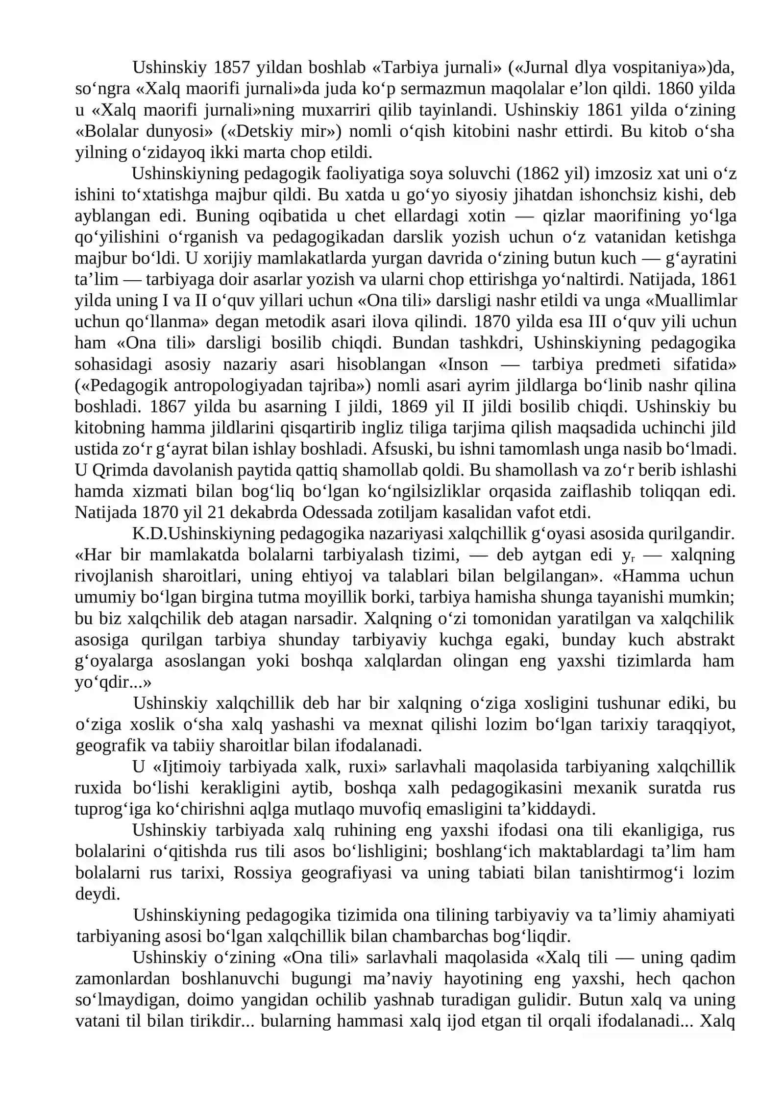 K. D. Ushinskiyning ijtimoiy pedagogik faoliyati. K. D. Ushinskiy tarbiyaviy xalqchilik g‘oyasi haqida 2
