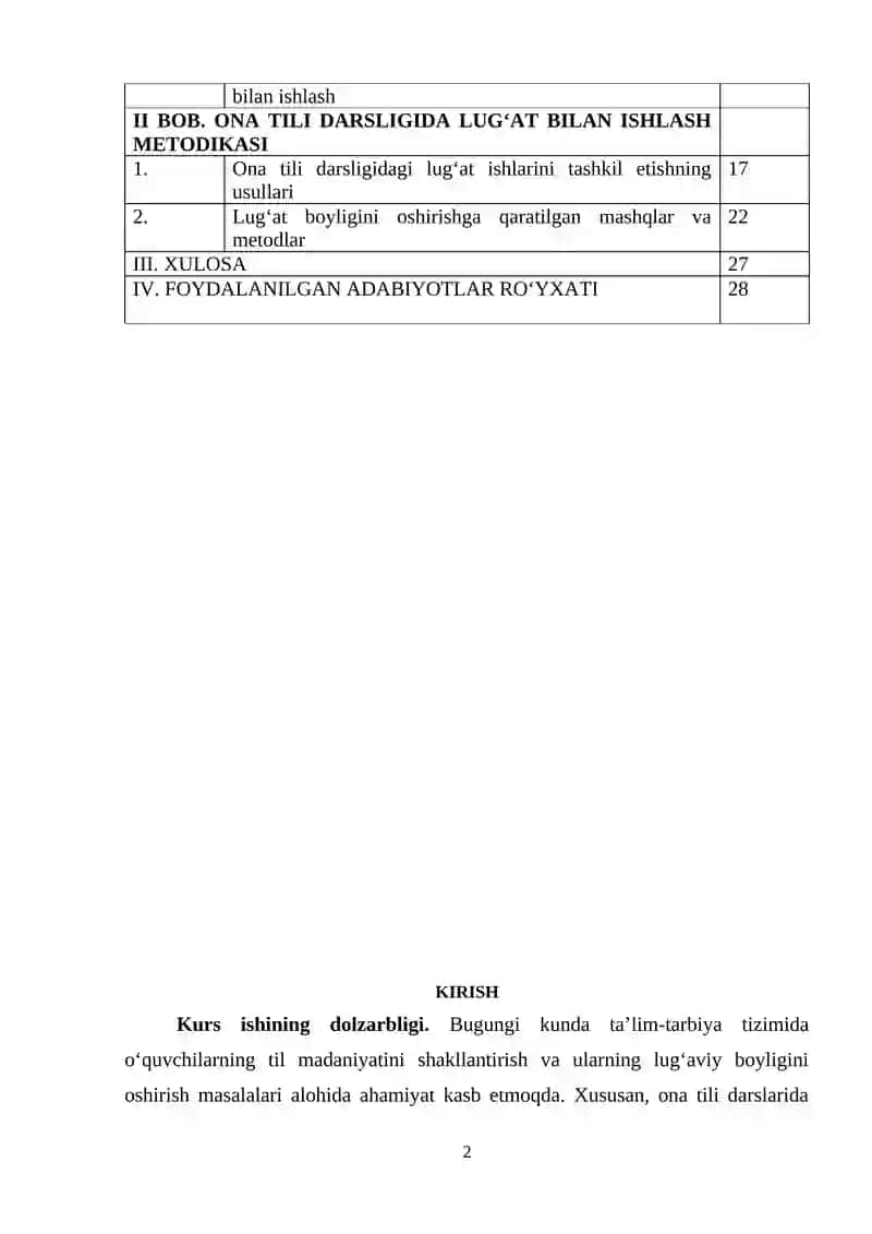Umumta’lim maktablarida lug‘at bilan ishlashni tashkil etish metodikasi (5-sinf ona tili darslari misolida) mavzusidagi KURS ISHI 2