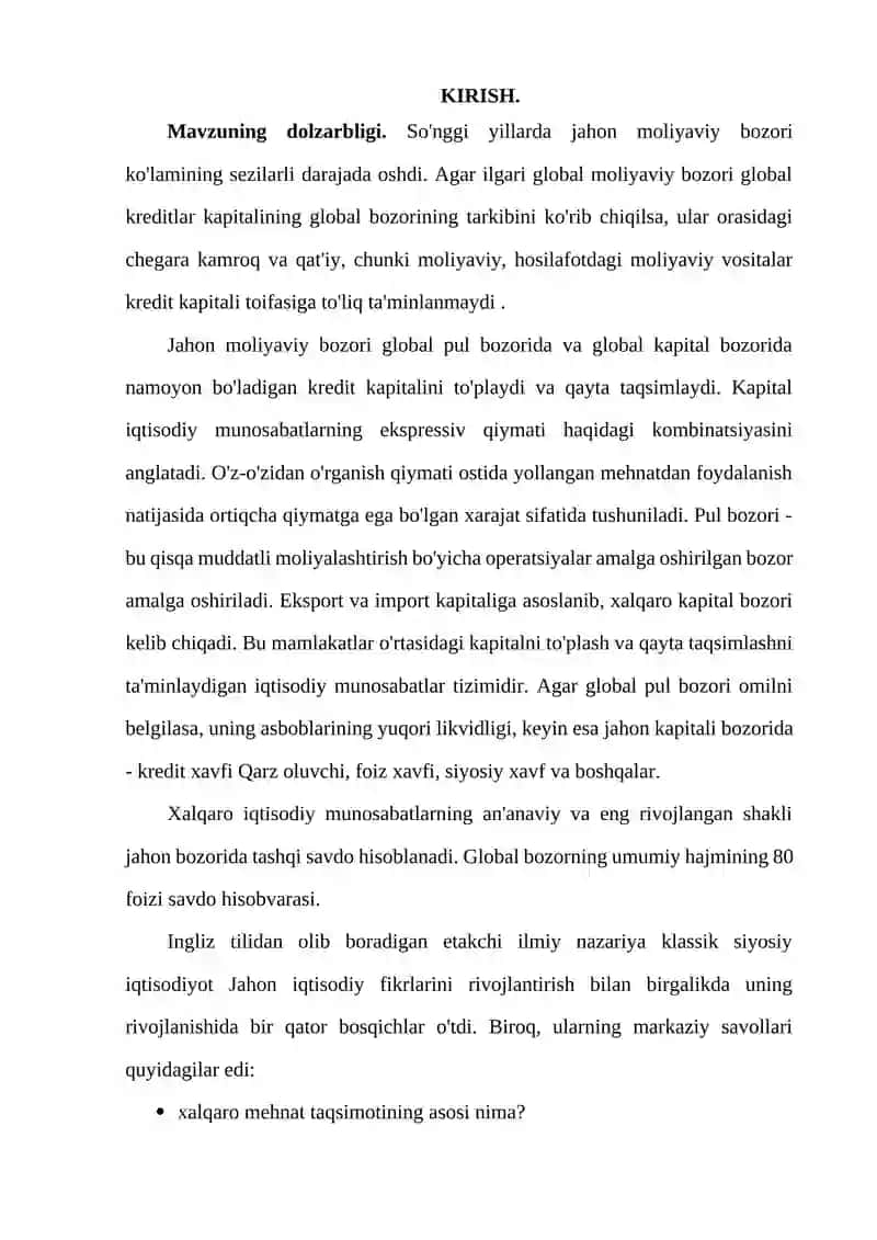 Global bozorlarning shakllanishi va ularning xususiyatlari. 2