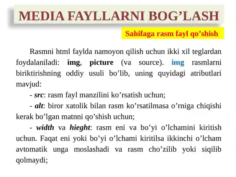 Taqdimot. Web texnalogiyalar. Web sahifaga media fayllarni biriktirish 2