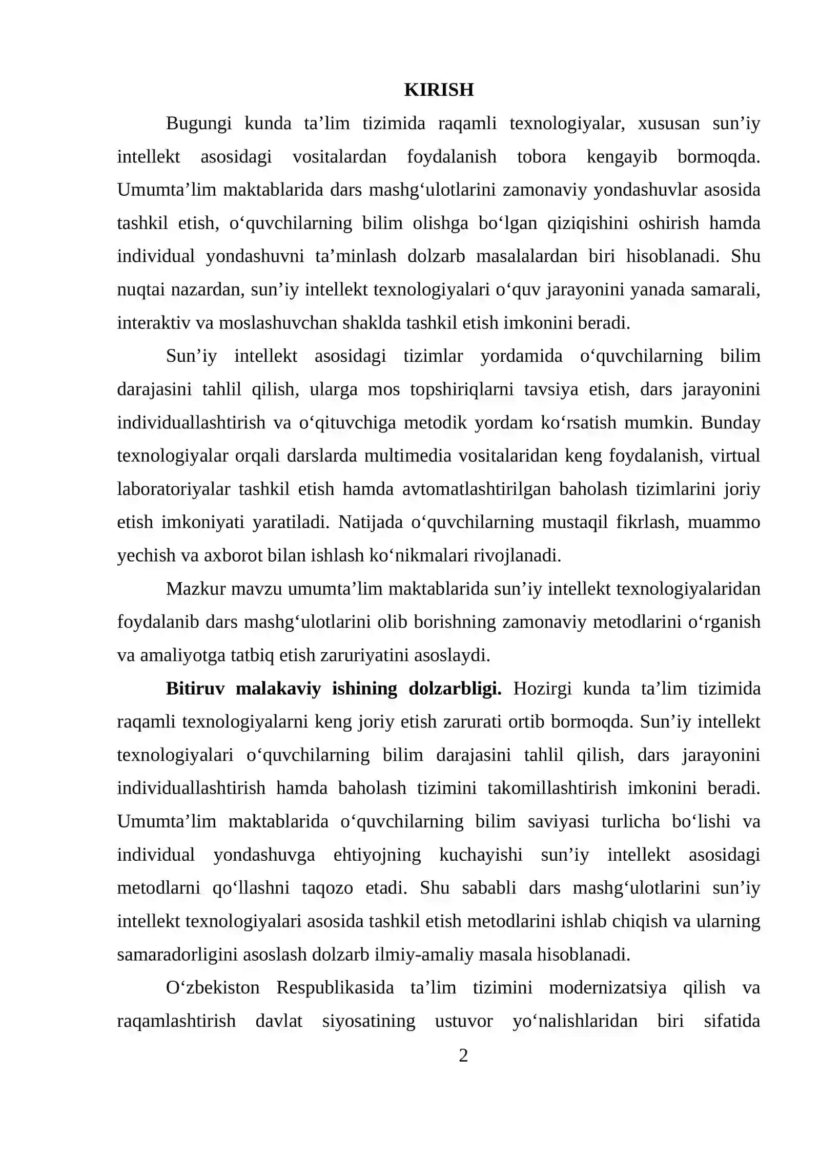 Umumta’lim maktablarida sun’iy intellekt texnologiyalaridan foydalanib dars mashg‘ulotlarini olib borish metodlari mavzusida BITIRUV MALAKAVIY ISHI 2