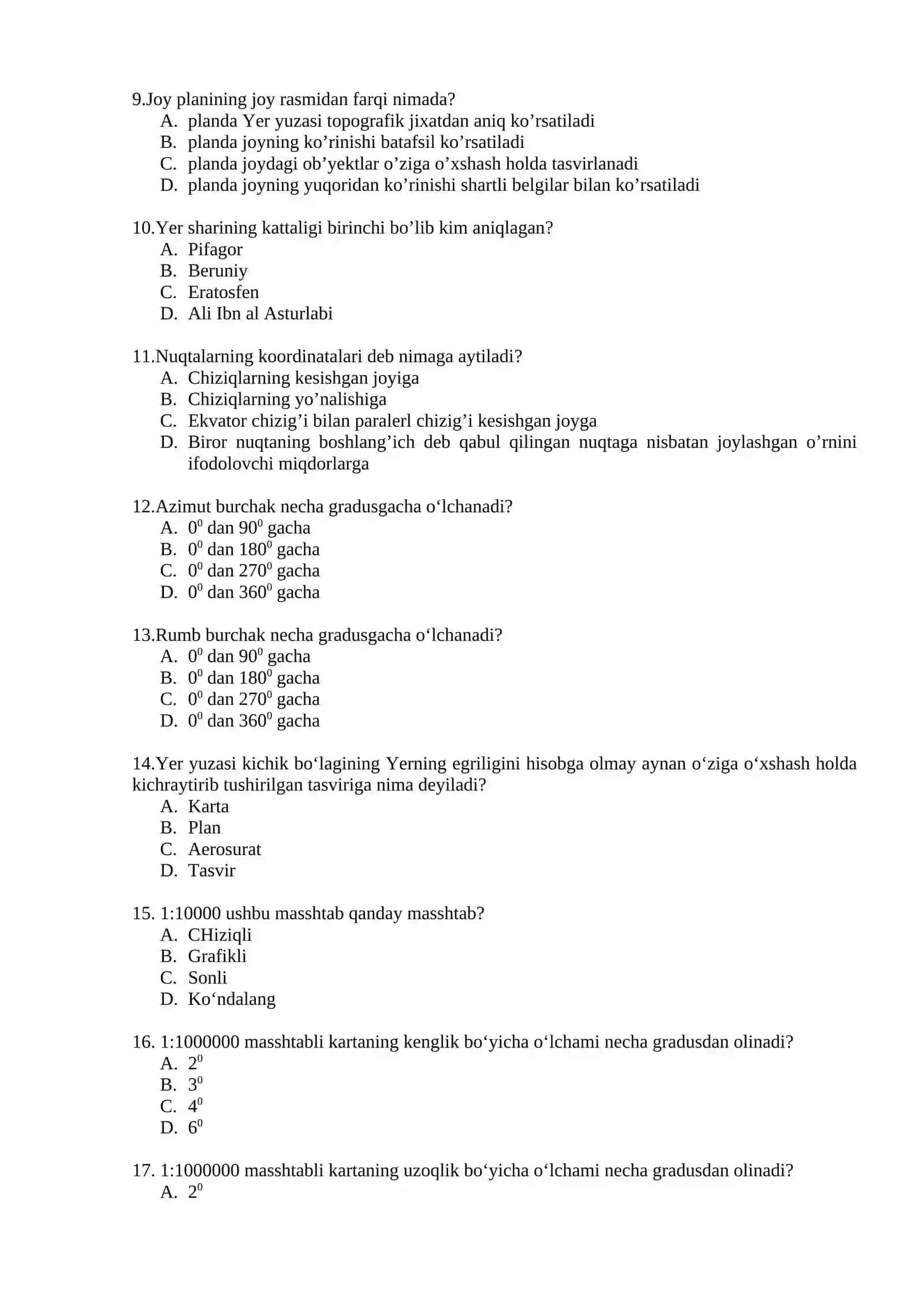 Topografiya, kartografiya va GIS fanidan test savollari 2
