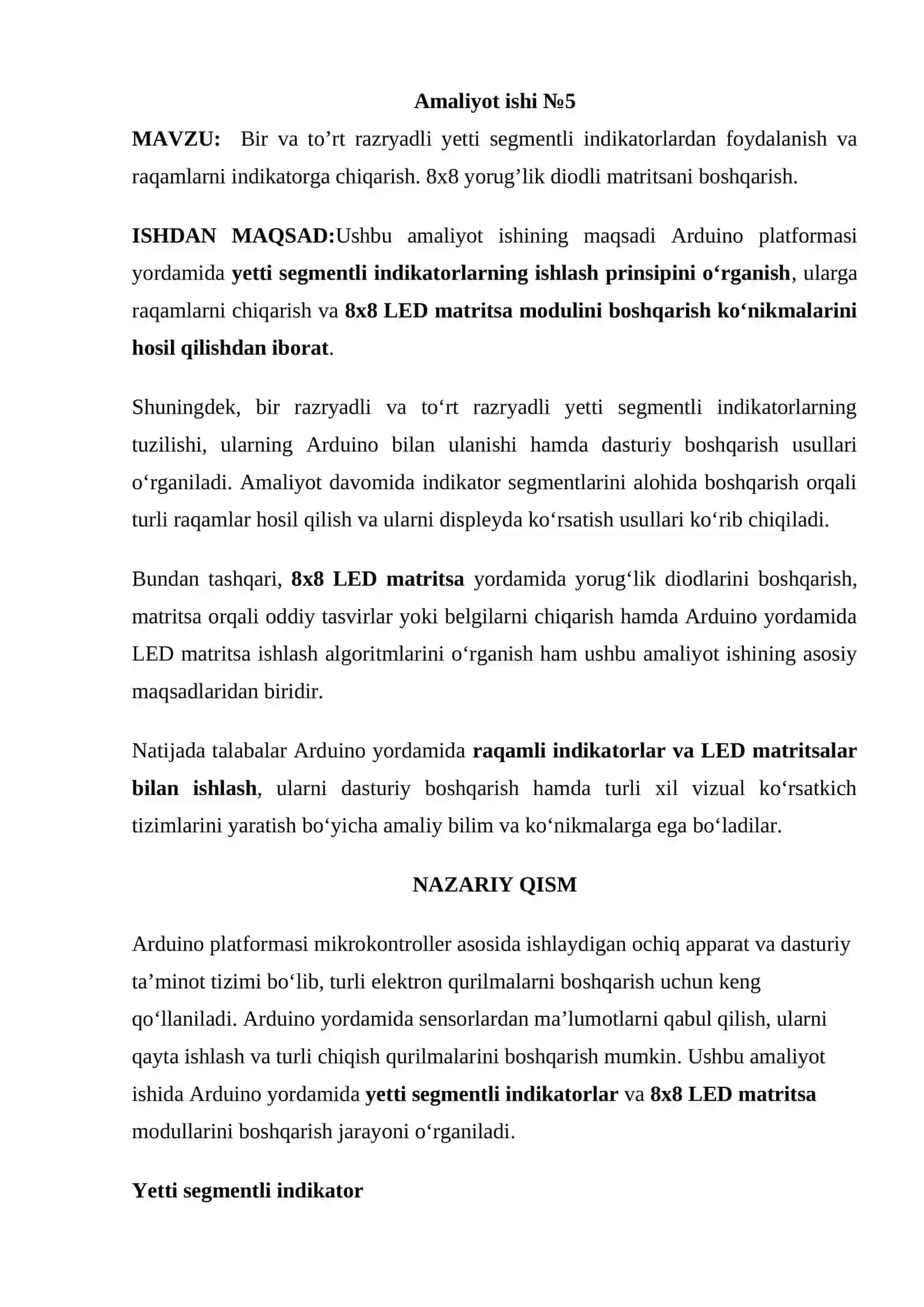 Bir va to’rt razryadli yetti segmentli indikatorlardan foydalanish va raqamlarni indikatorga chiqarish 2