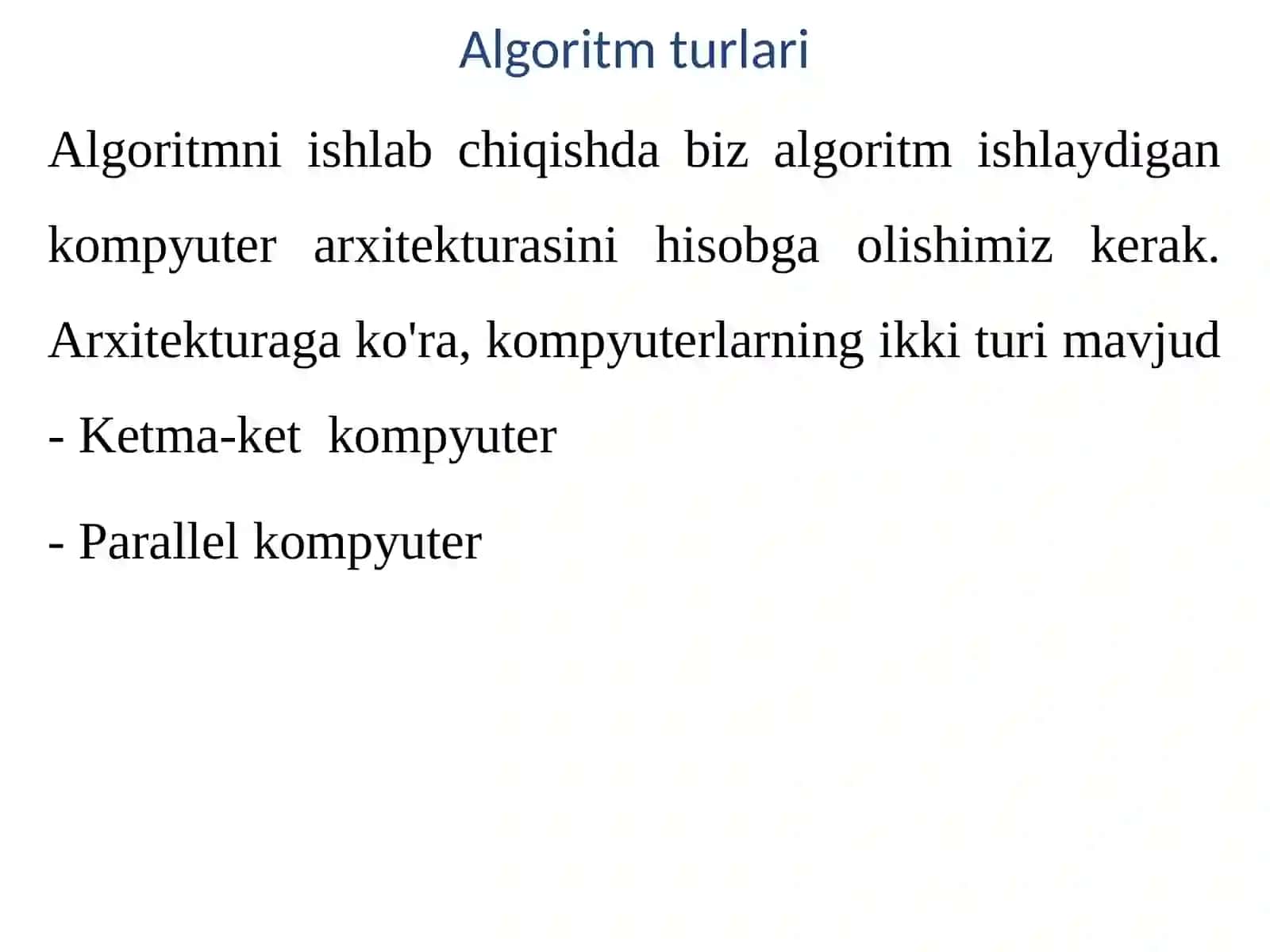 Parallel algoritmlarni modellashtirish va tahlil qilish. Parallel algoritmlar va ketma-ket algoritmlar orasidagi farqlar. Mavjud ketma-ket algoritmlarini parallellashtirish masalasi. 2