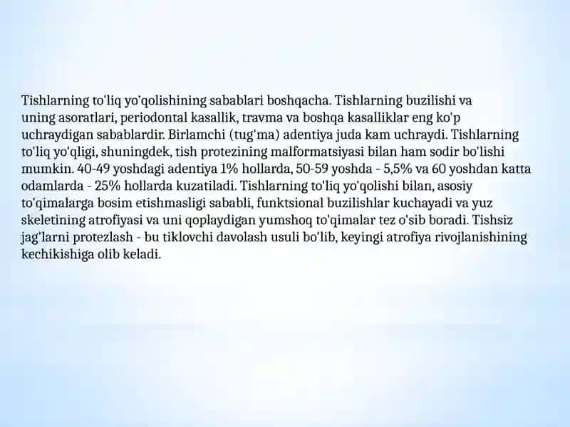 Keksalik yoshdagi bemorlarni tishlarini to'liq yo'qotilgandagi holati. Terminologiya. Tishsiz jag'larning anatomik va topografik xususiyatlari 2