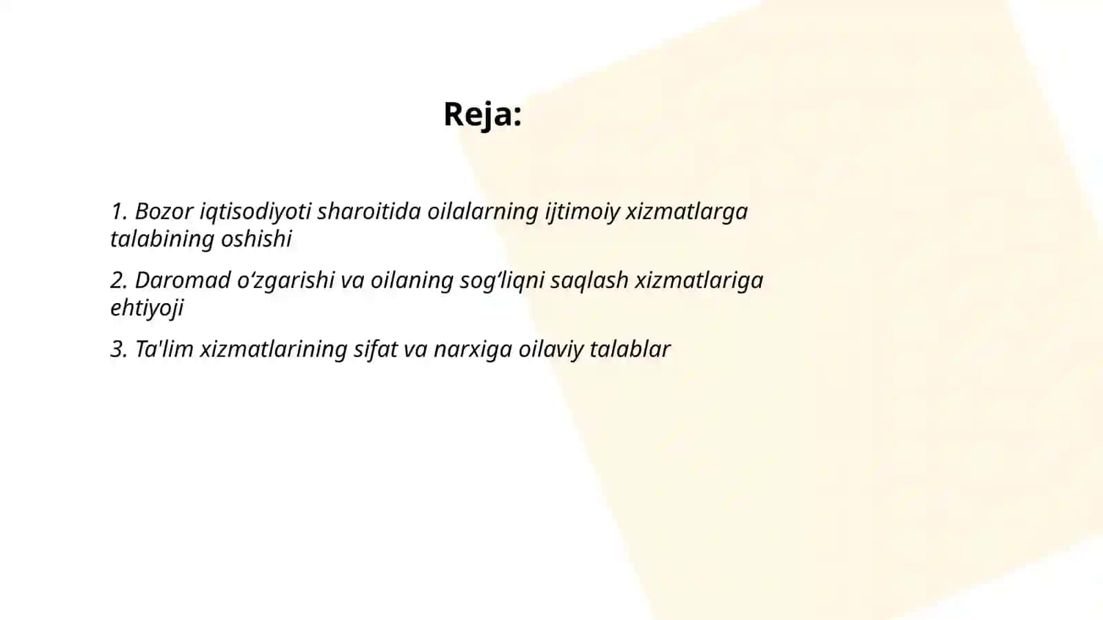 Bozor iqtisodiyoti sharoitida jamiyatdagi boshqa institutlar kabi oila va kishilarning sotsial guruhlari eng muhim ijtimoiy xizmatlarga talab va ehtiyojlari ortishi Abduakimova Sevinch 2