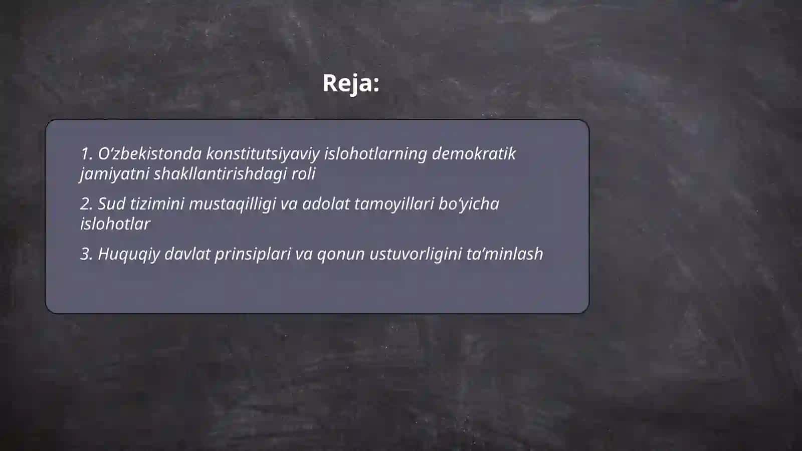 Oʻzbekistonda huquqiy siyosiy islohotlarning amalga oshishi demokratik jamiyatni shaklantirish yoʻlidagi islohotlar 2