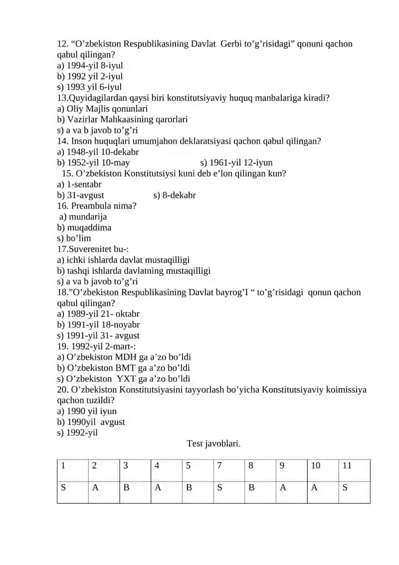 9-sinf “Huquqshunoslik” fanidan I yarim yillik uchun test savollari 2