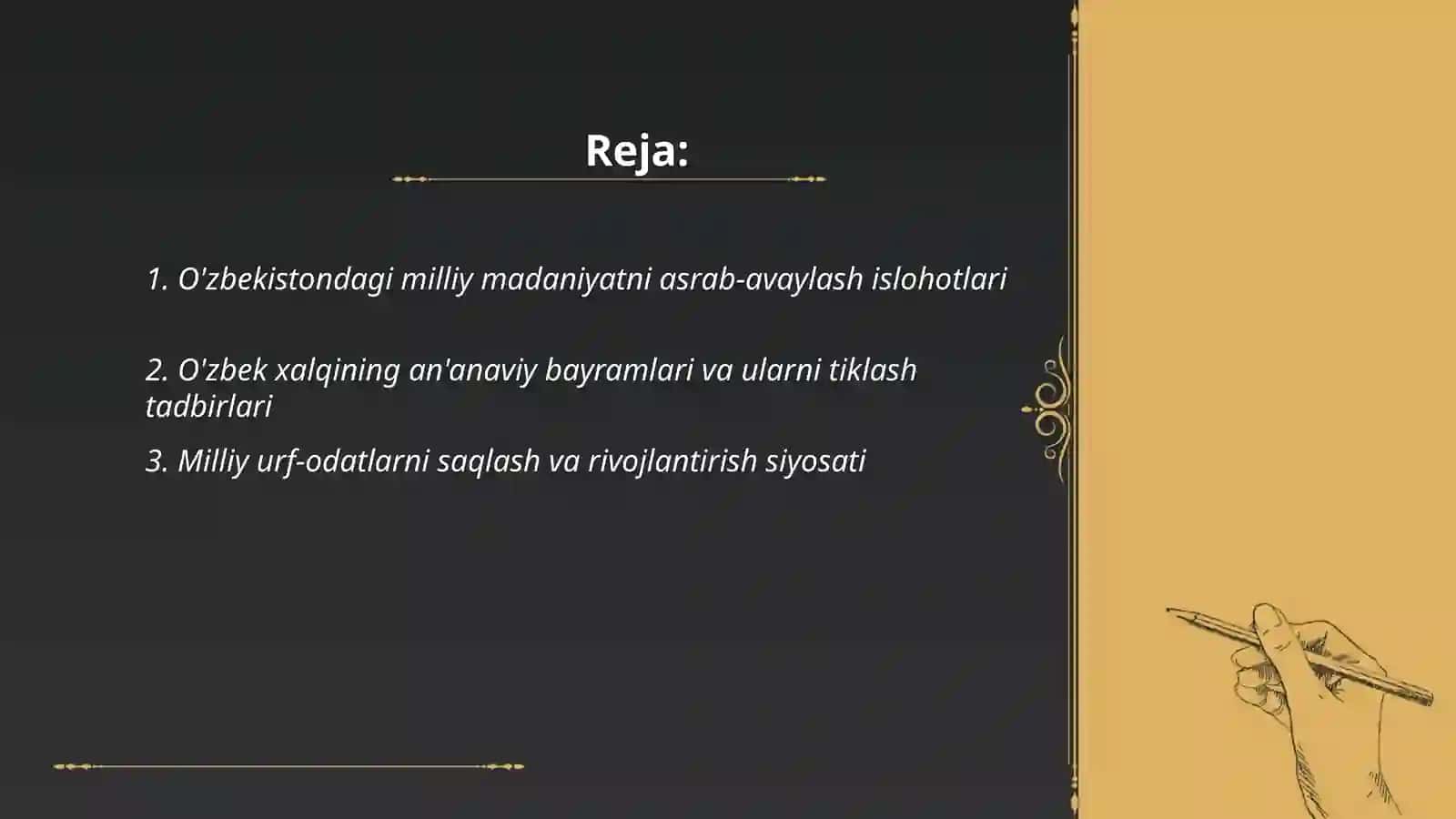 O'zbekistondagi milliy qadriyatlar VA tarixni tiklash borasidagi islohotlar 2