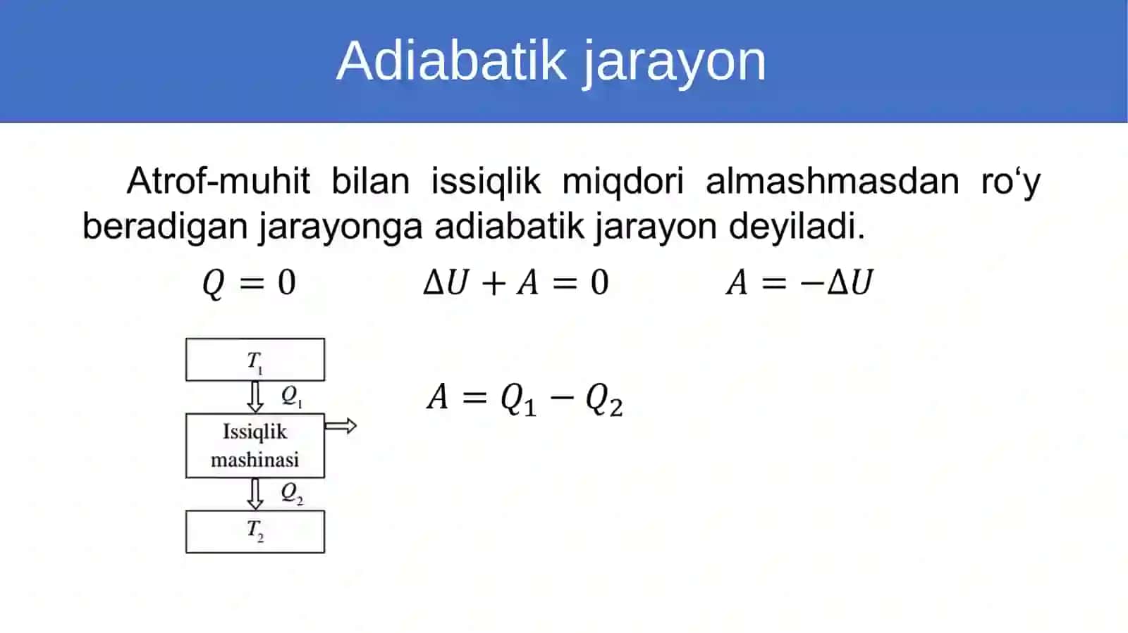Adiabatik jarayonlar. Issiqlik mashinalarining FIK. Karnos sikli 2
