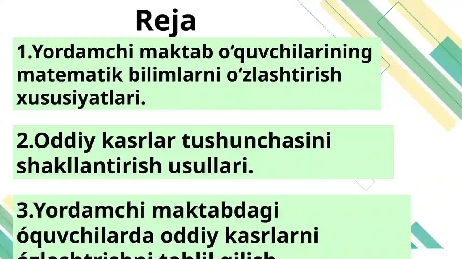 Yordamchi maktab o‘quvchilarining matematik bilimlarni o‘zlashtirish xususiyatlari. Oddiy kasrlar tushunchasini shakllantirish usullari. Yordamchi maktabdagióquvchilardaoddiykasrlarniózlashtrishnitahlilqilish 2