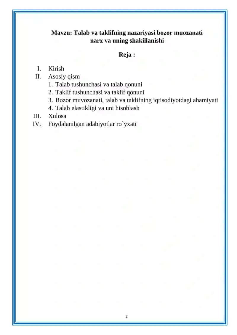 Talab va taklifning nazariyasi bozor muozanati narx va uning shakillanishi 2