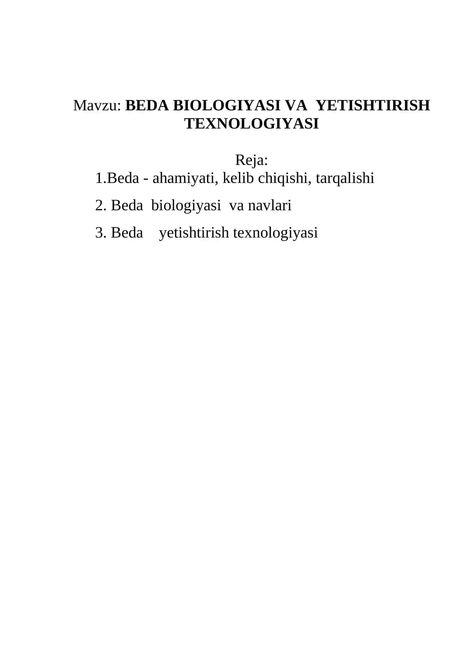 BEDA BIOLOGIYASI VA YETISHTIRISH TEXNOLOGIYASI 2