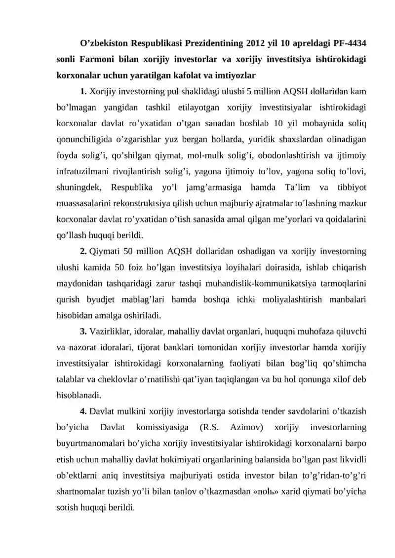 O'zbekiston Respublikasidagi chet el investorlariga berilgan moliyaviy imtiyozlar 2